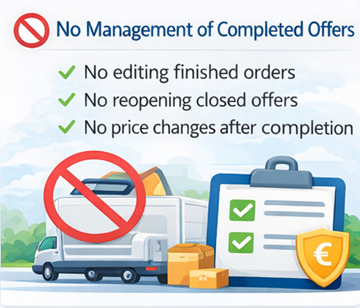 Ilustracija prikazuje da vozači ne mogu uređivati niti ponovno otvoriti dovršene ponude prijevoza na ExusTrans platformi